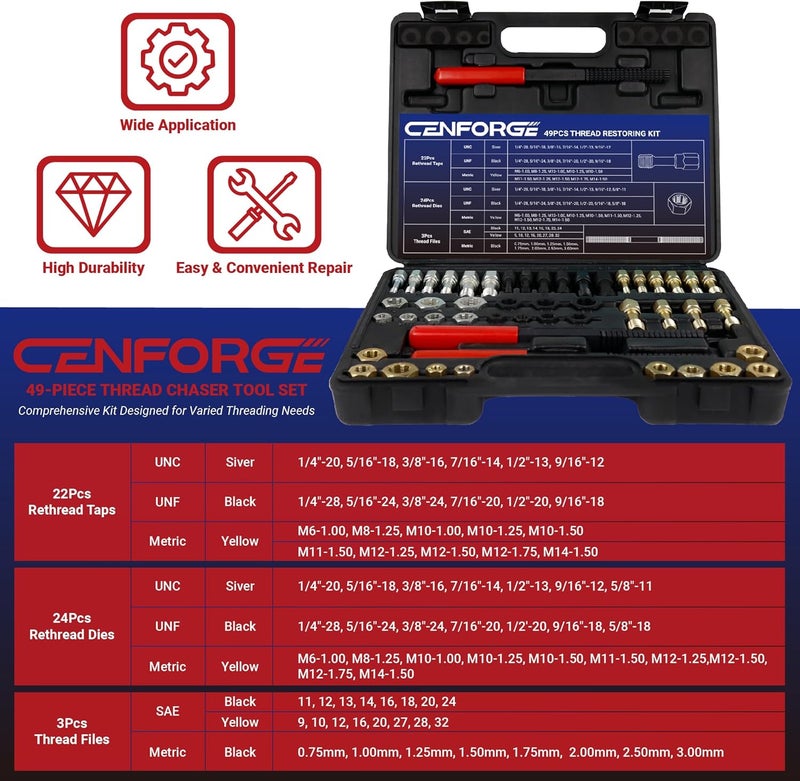 CENFORGE Store 49PCs Thread Chaser Set, Metric & SAE Rethreading Tool Kit with 22 Taps, 24 Dies, 3 Thread Files - Universal Bolt Restorer in UNC UNF Metric Sizes for Automotive (Includes Portable Case) - Image 2